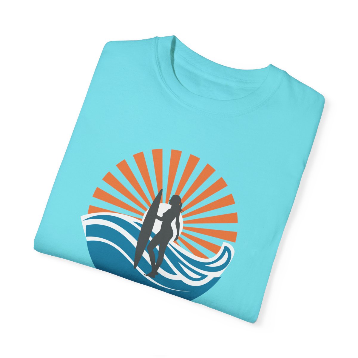 Chic Surfer Themed T-shirt Featuring Riding Girl with Cool Phrase