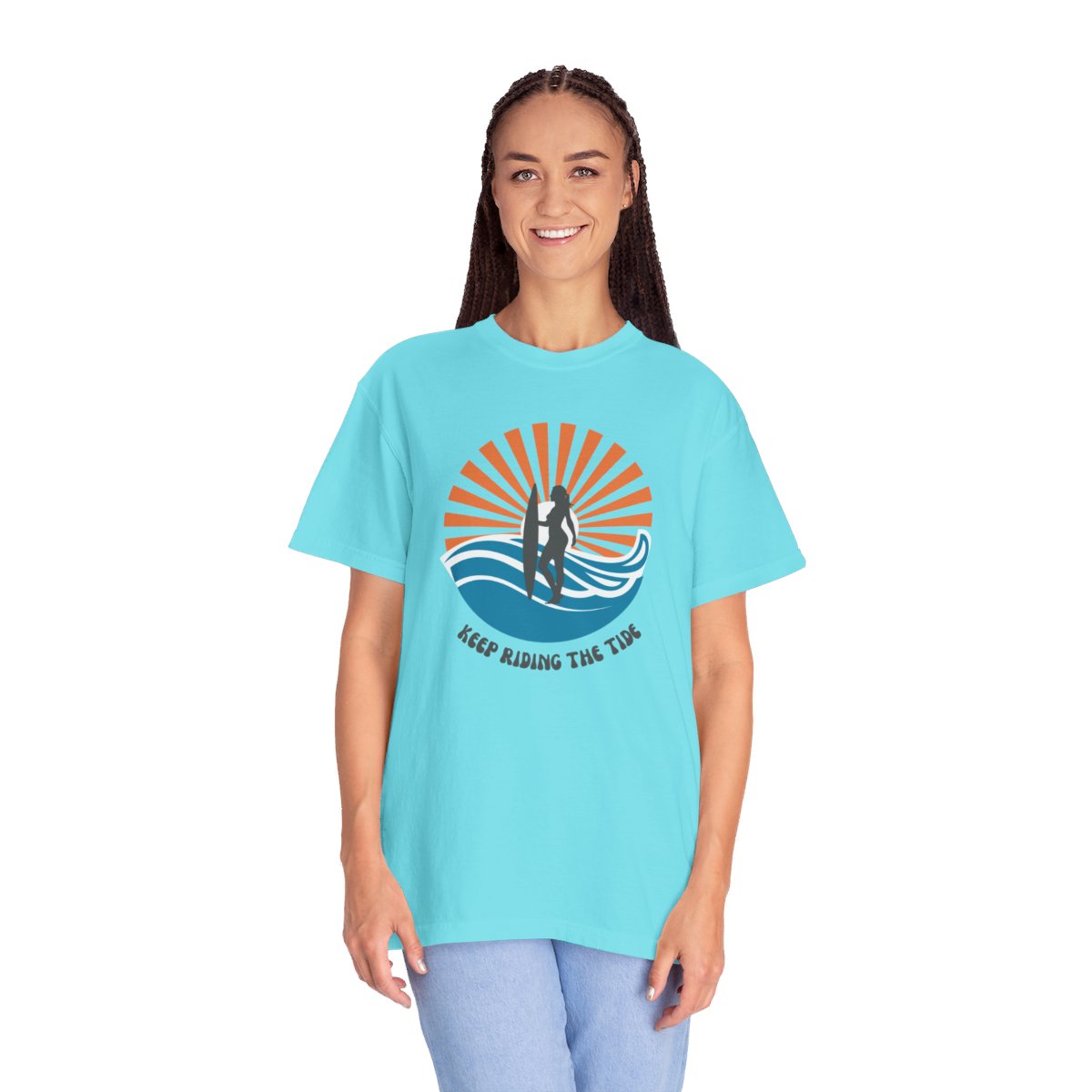 Chic Surfer Themed T-shirt Featuring Riding Girl with Cool Phrase