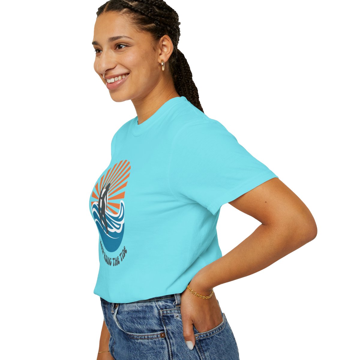 Chic Surfer Themed T-shirt Featuring Riding Girl with Cool Phrase