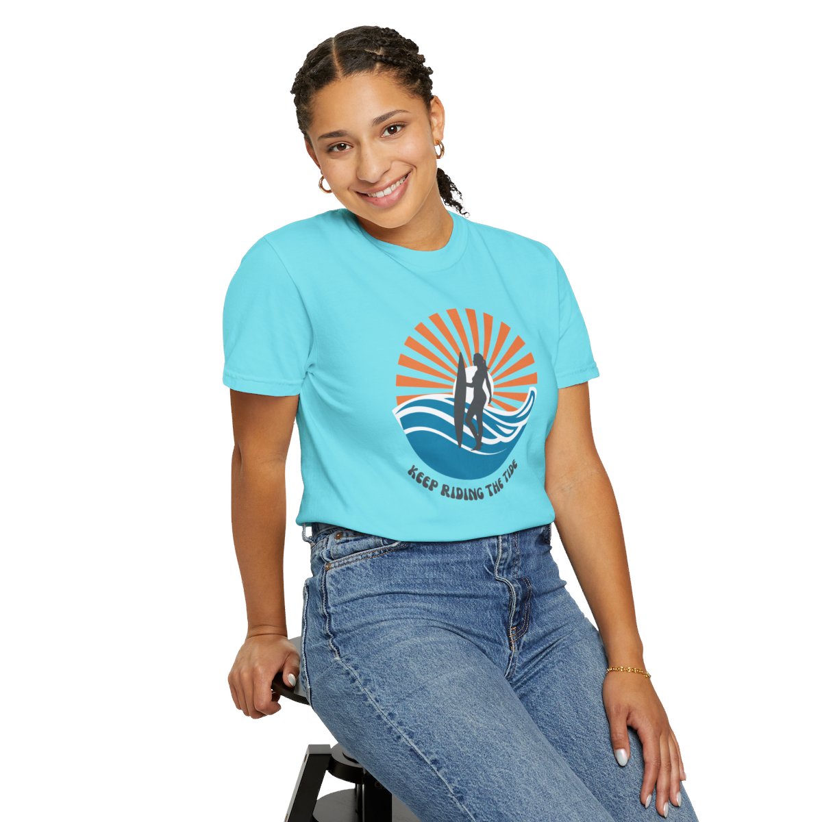 Chic Surfer Themed T-shirt Featuring Riding Girl with Cool Phrase