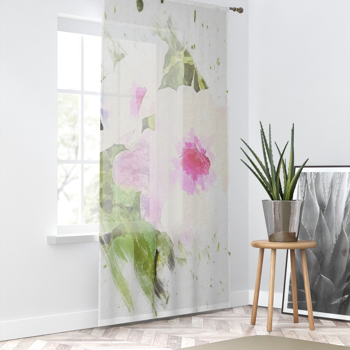 Garden Floral Sheer Window Curtain in Watercolor Style