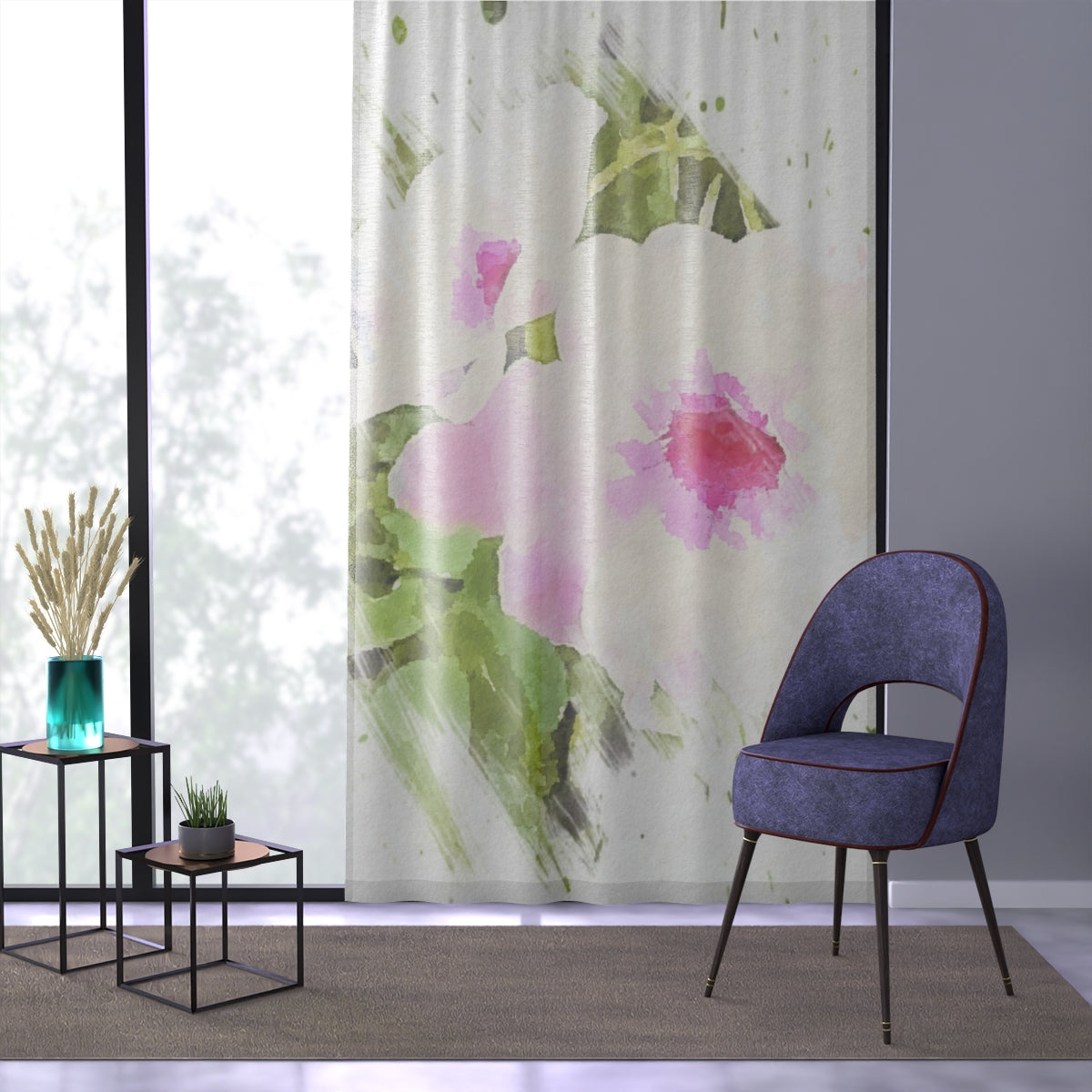 Garden Floral Sheer Window Curtain in Watercolor Style
