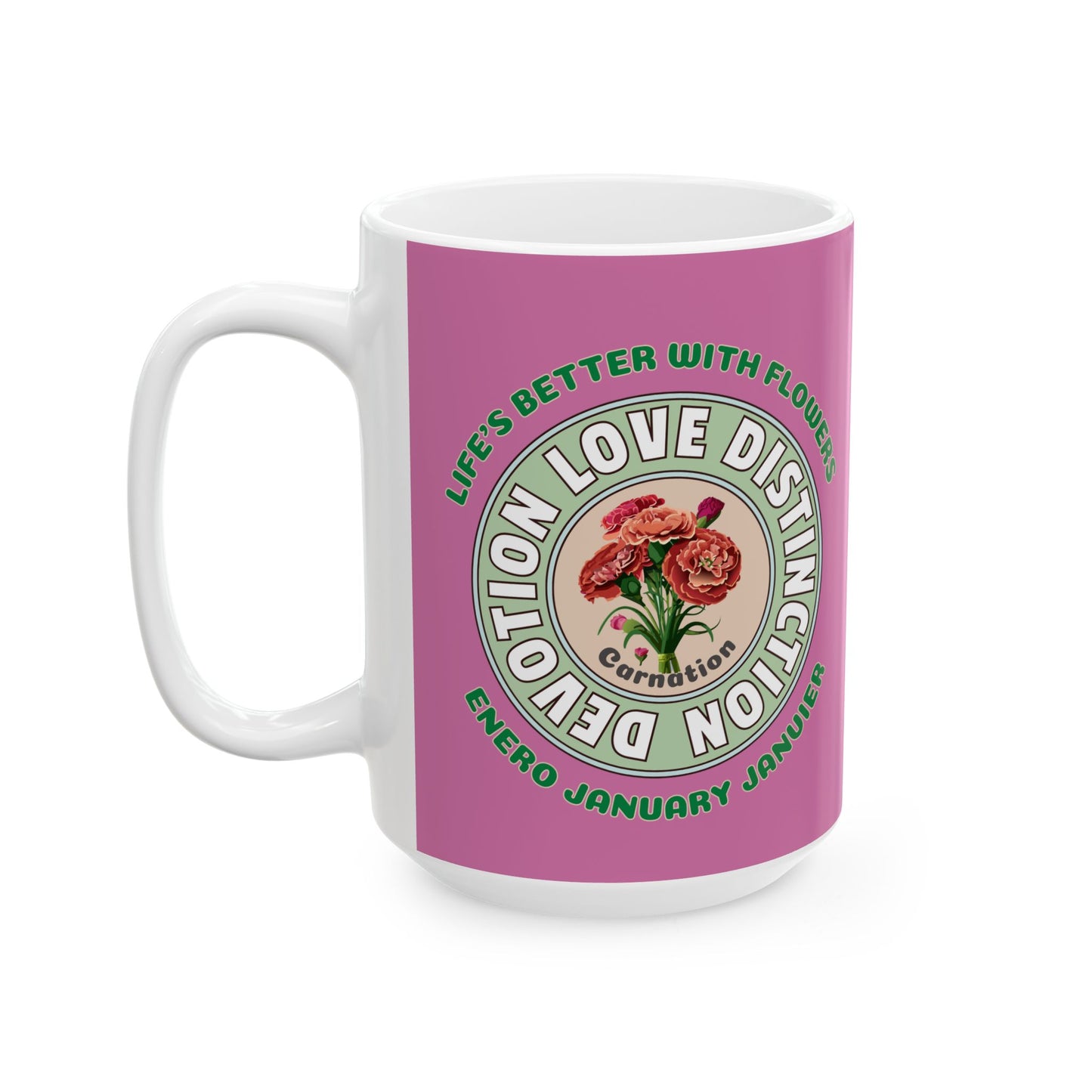 January Inspired Carnation Ceramic Mug, (11oz, 15oz)