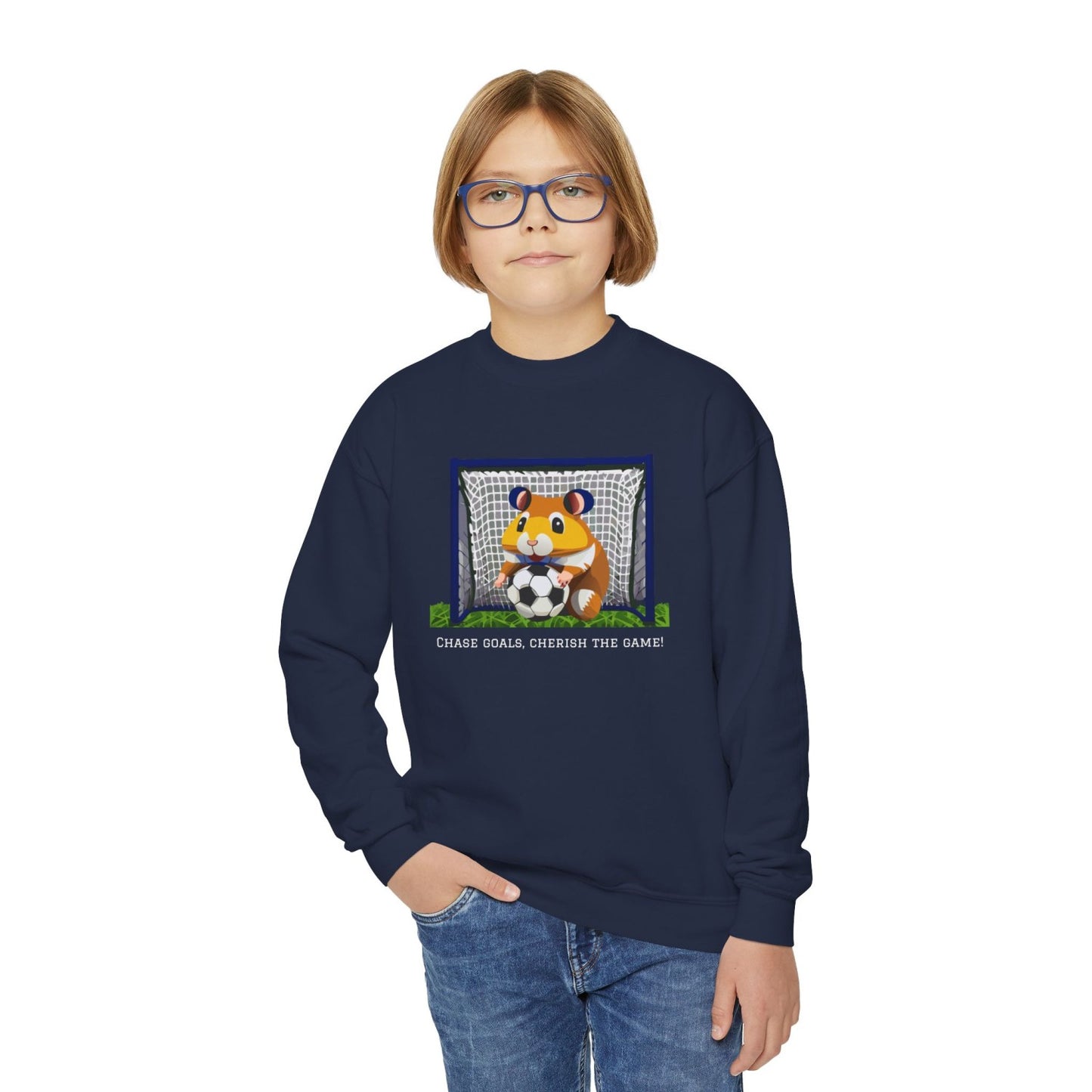 Cozy Youth Crewneck Sweatshirt Featuring Soccer Hammy