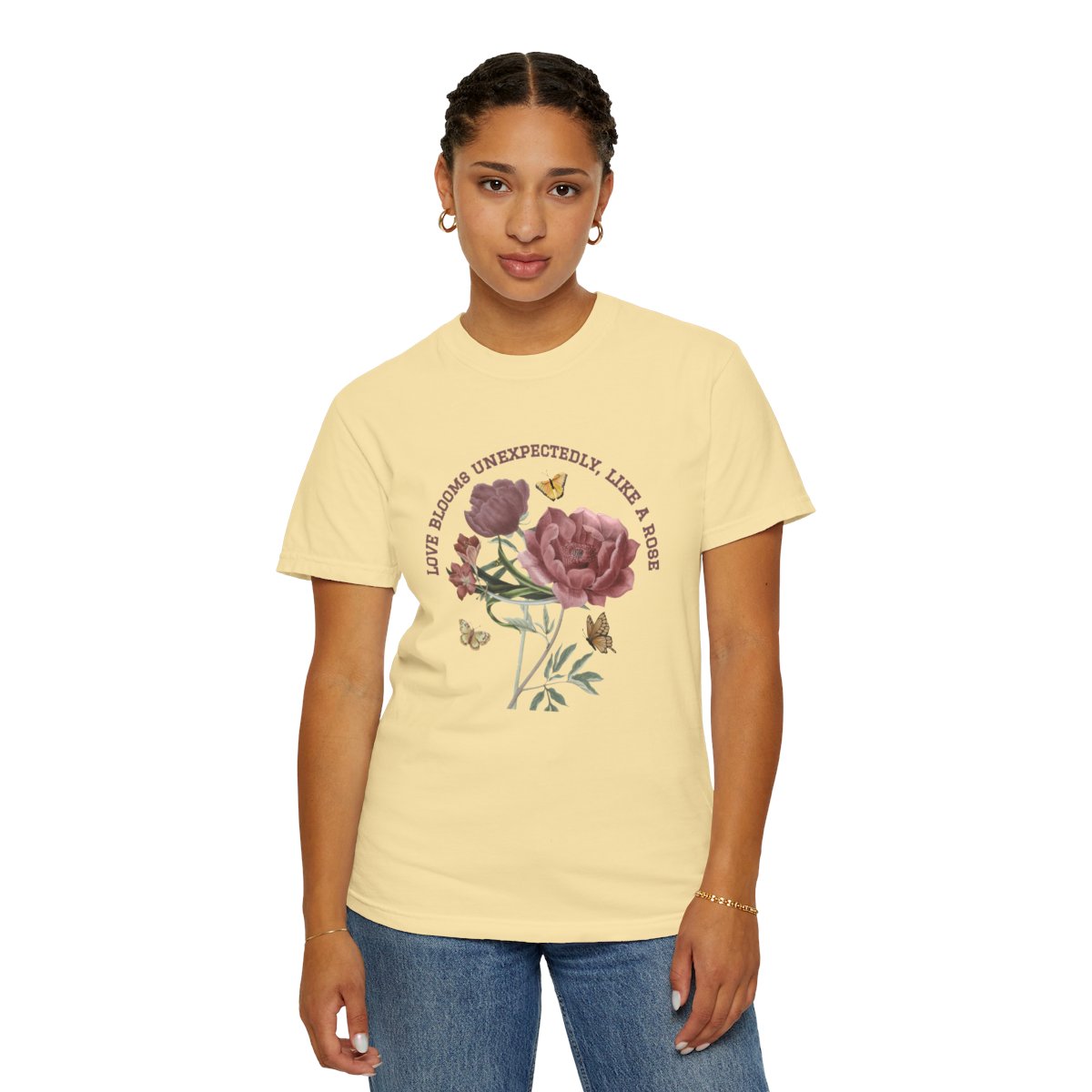 Comfy Love Blooms Unexpectedly Like A Rose T-shirt with Pink Lettering