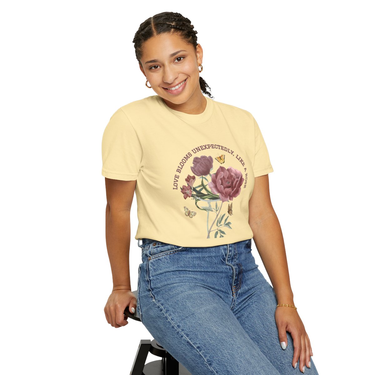 Comfy Love Blooms Unexpectedly Like A Rose T-shirt with Pink Lettering