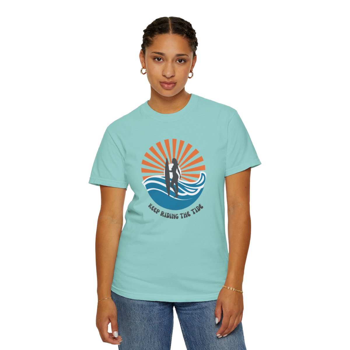 Chic Surfer Themed T-shirt Featuring Riding Girl with Cool Phrase