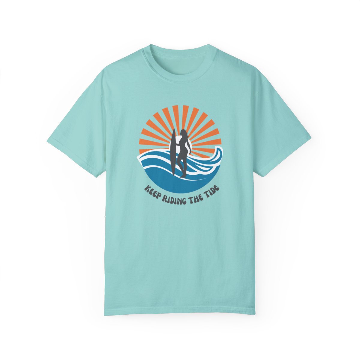 Chic Surfer Themed T-shirt Featuring Riding Girl with Cool Phrase