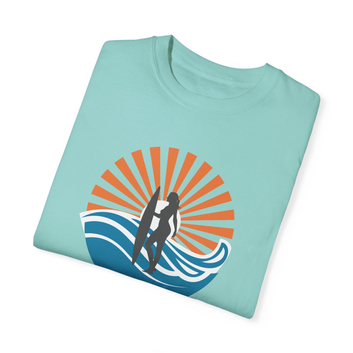 Chic Surfer Themed T-shirt Featuring Riding Girl with Cool Phrase