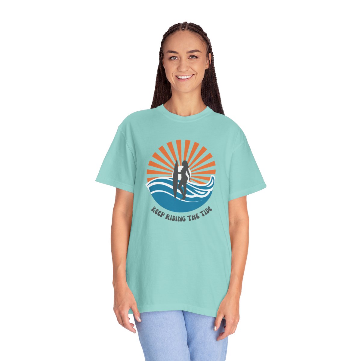 Chic Surfer Themed T-shirt Featuring Riding Girl with Cool Phrase