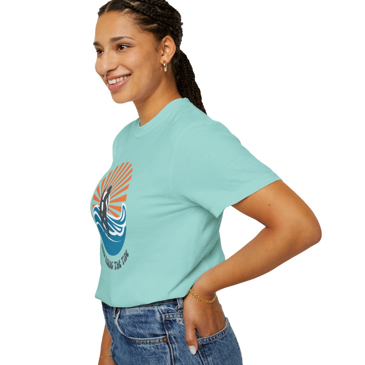 Chic Surfer Themed T-shirt Featuring Riding Girl with Cool Phrase