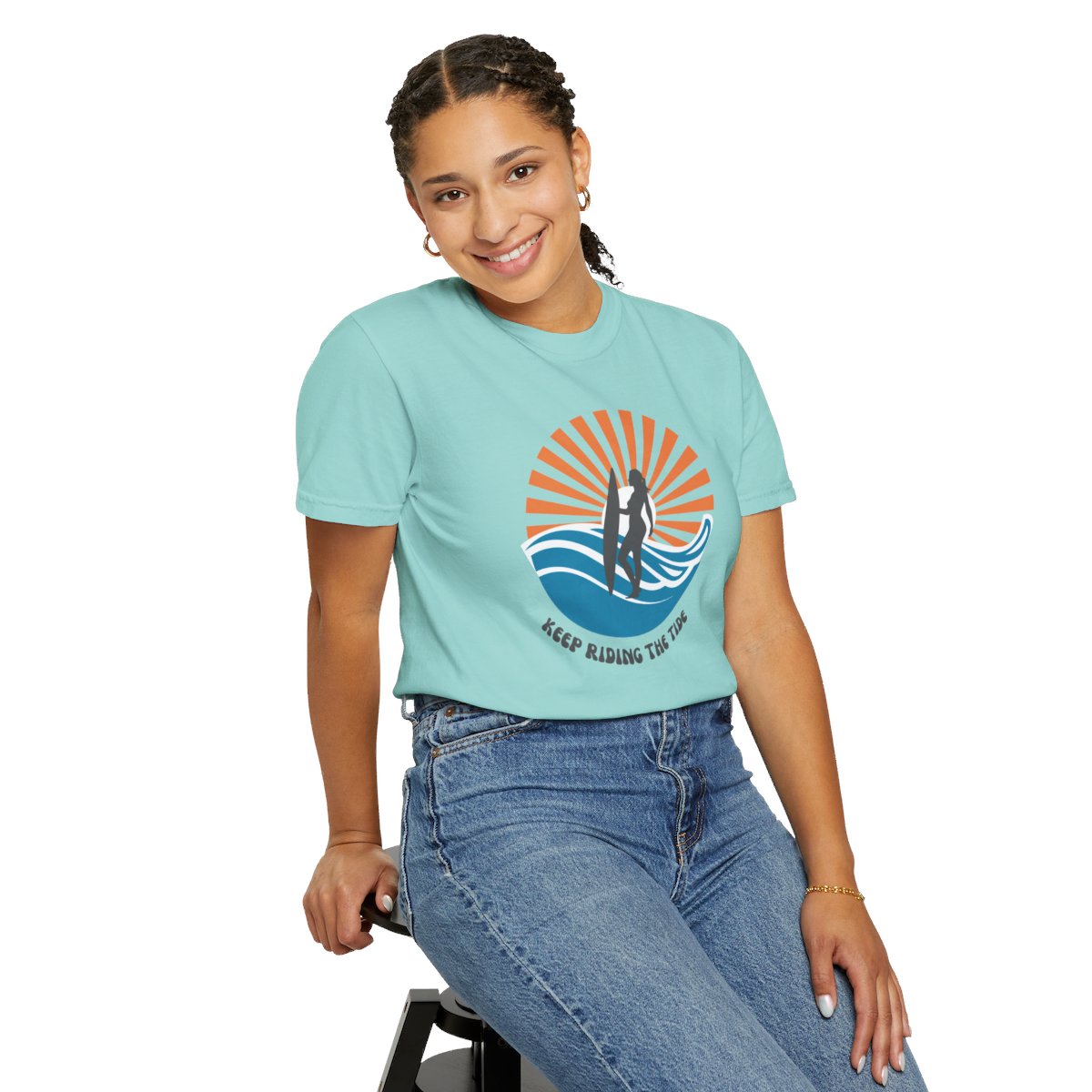 Chic Surfer Themed T-shirt Featuring Riding Girl with Cool Phrase