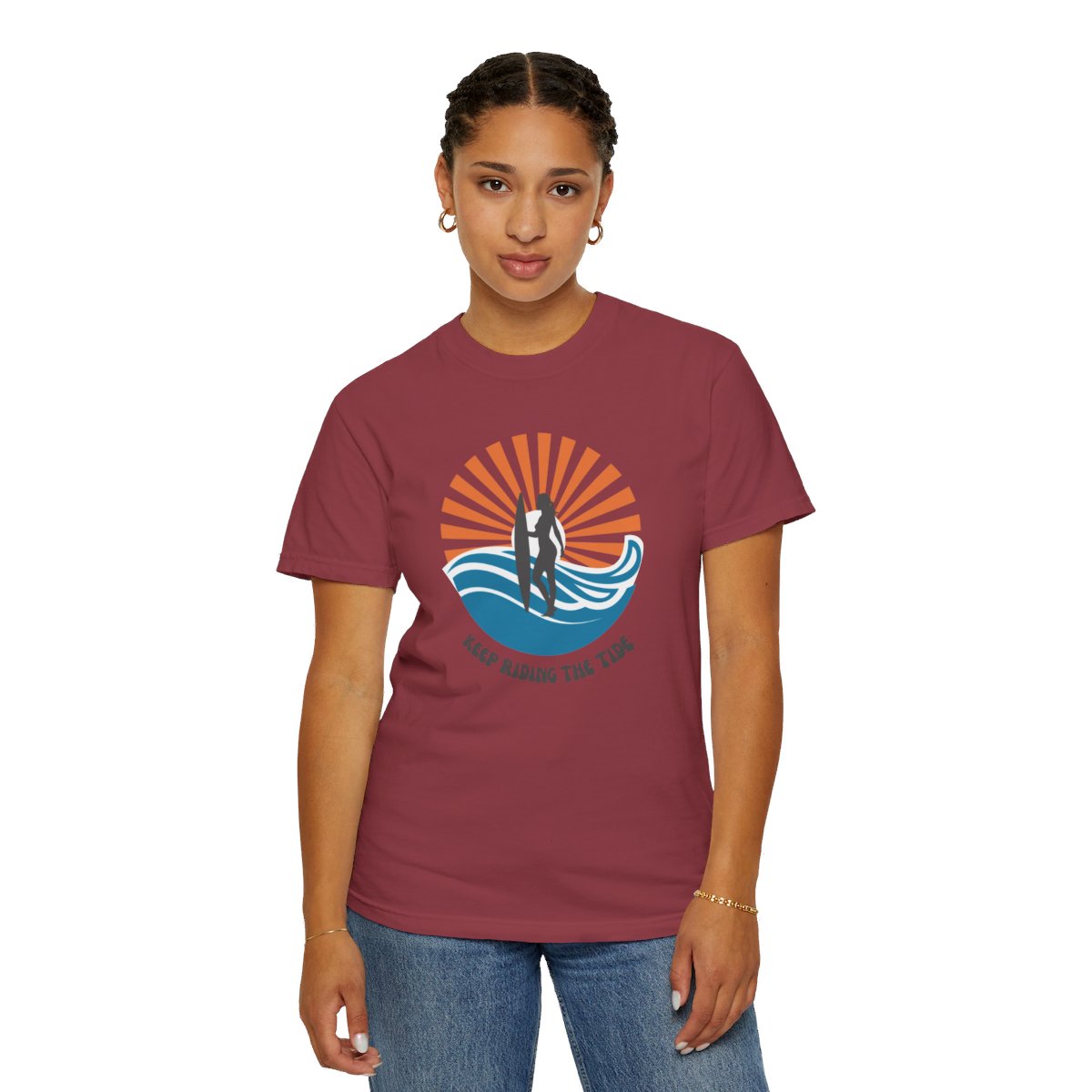 Chic Surfer Themed T-shirt Featuring Riding Girl with Cool Phrase