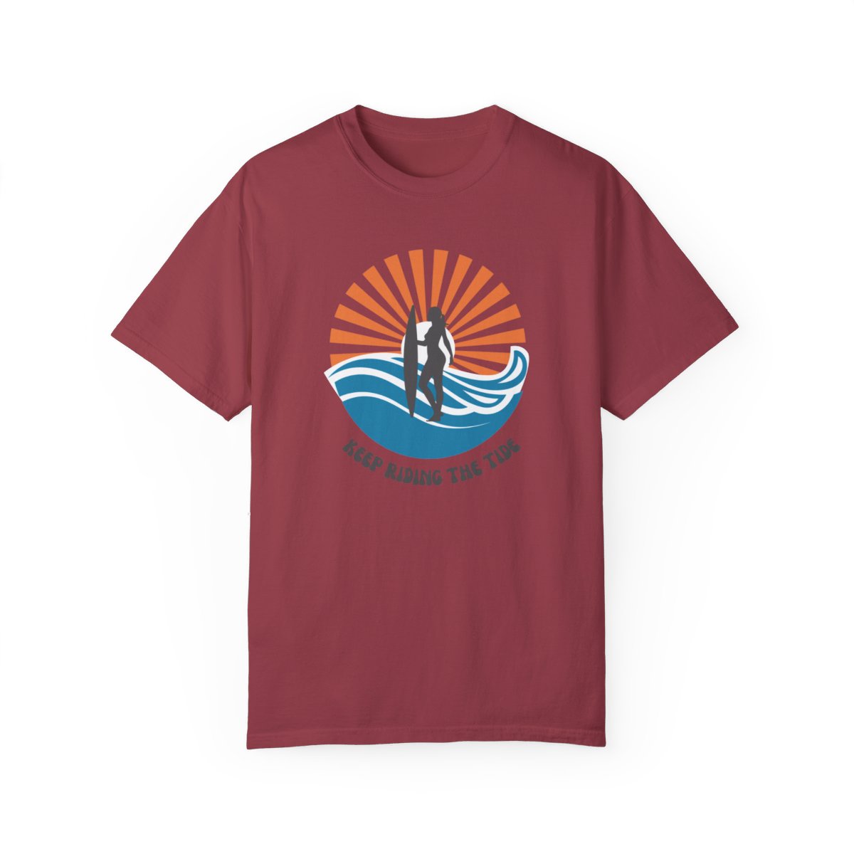 Chic Surfer Themed T-shirt Featuring Riding Girl with Cool Phrase