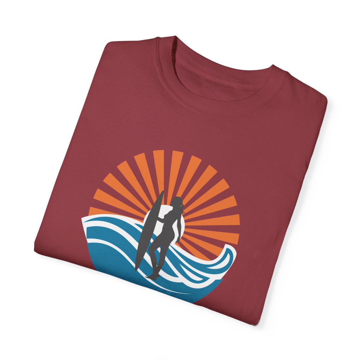 Chic Surfer Themed T-shirt Featuring Riding Girl with Cool Phrase