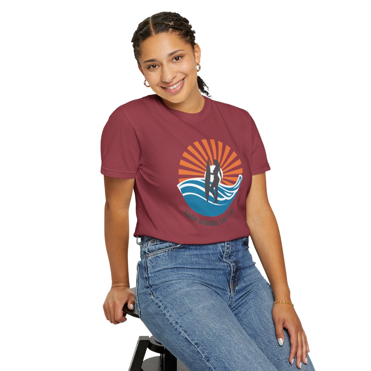 Chic Surfer Themed T-shirt Featuring Riding Girl with Cool Phrase