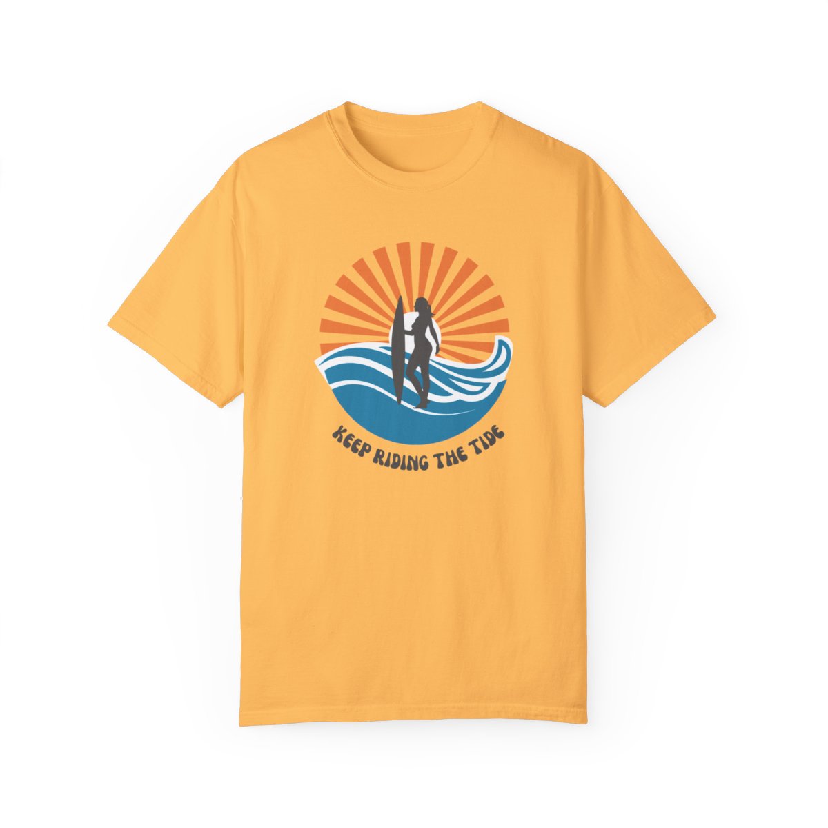 Chic Surfer Themed T-shirt Featuring Riding Girl with Cool Phrase