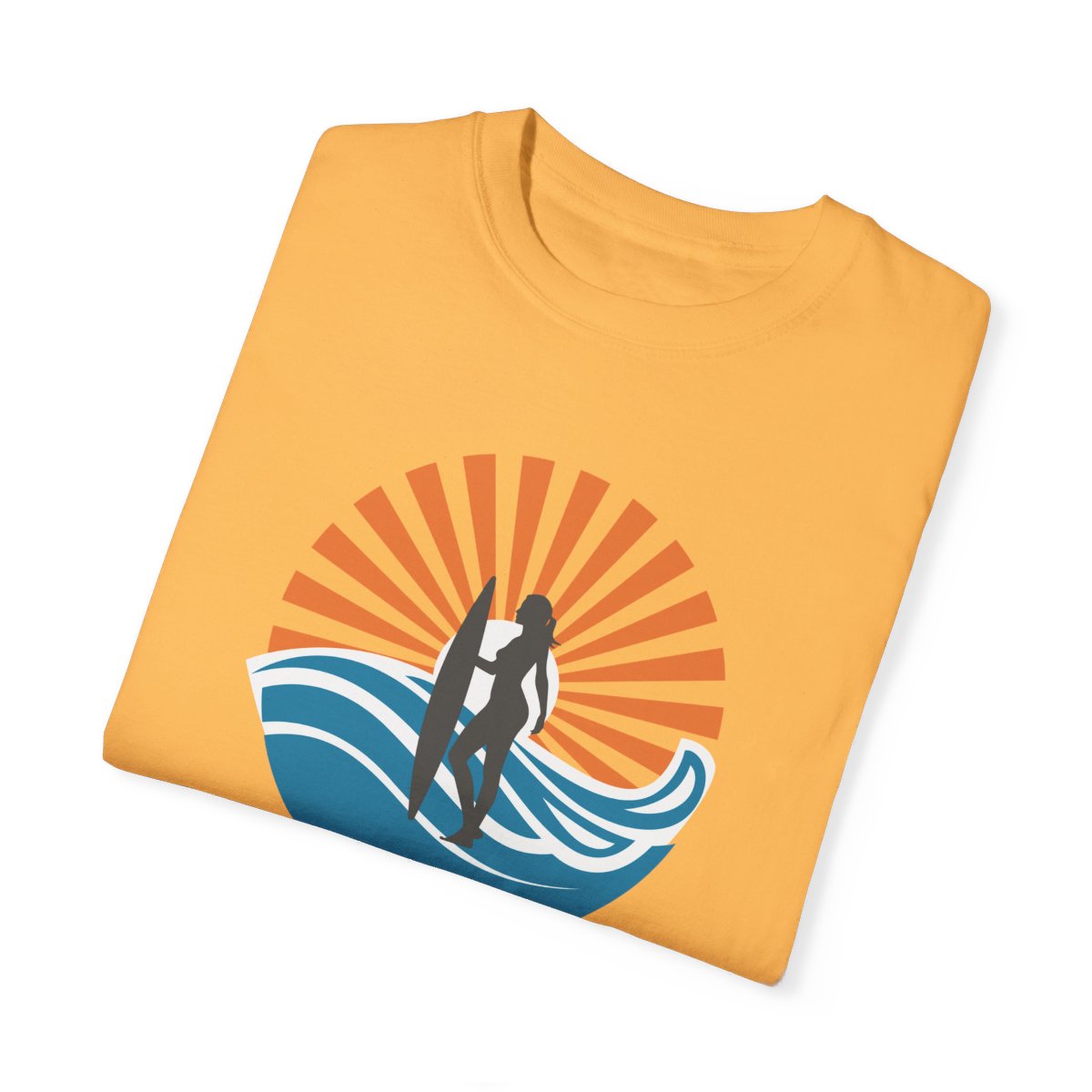 Chic Surfer Themed T-shirt Featuring Riding Girl with Cool Phrase