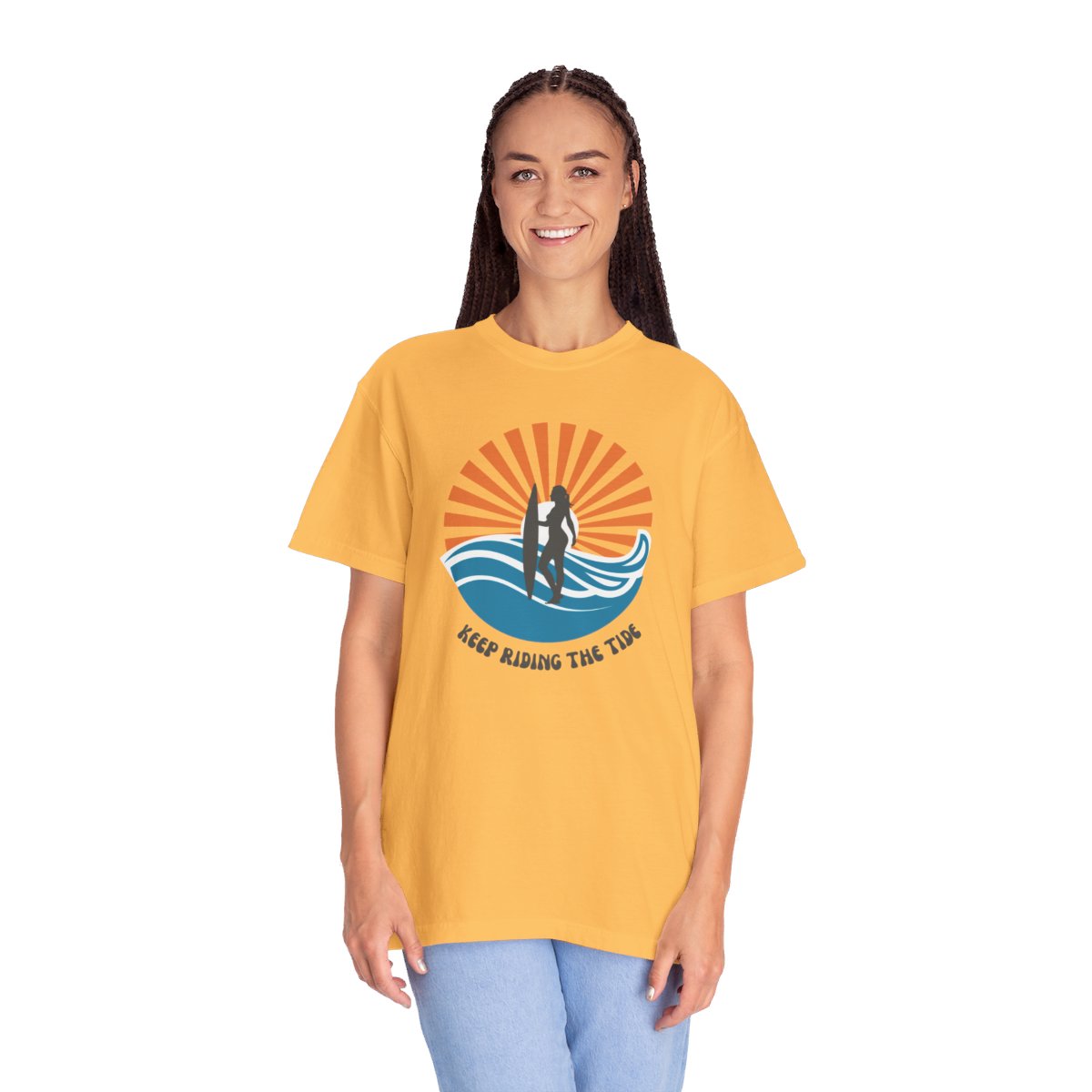 Chic Surfer Themed T-shirt Featuring Riding Girl with Cool Phrase