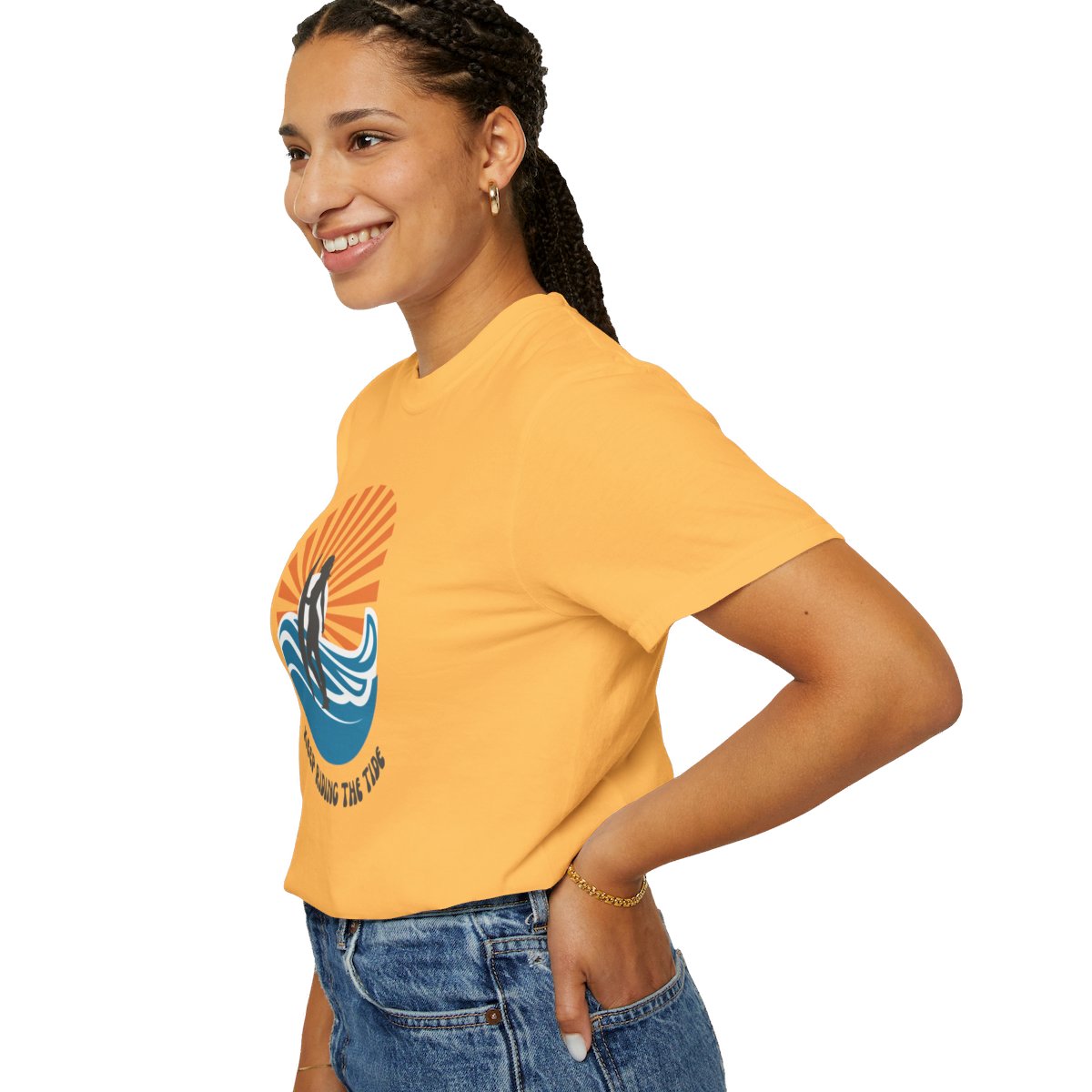 Chic Surfer Themed T-shirt Featuring Riding Girl with Cool Phrase
