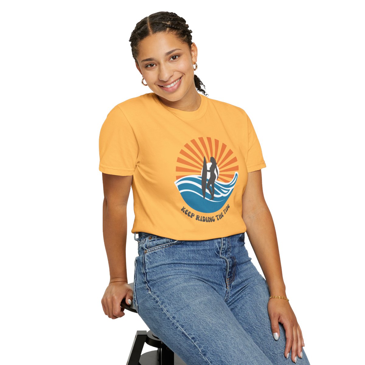 Chic Surfer Themed T-shirt Featuring Riding Girl with Cool Phrase