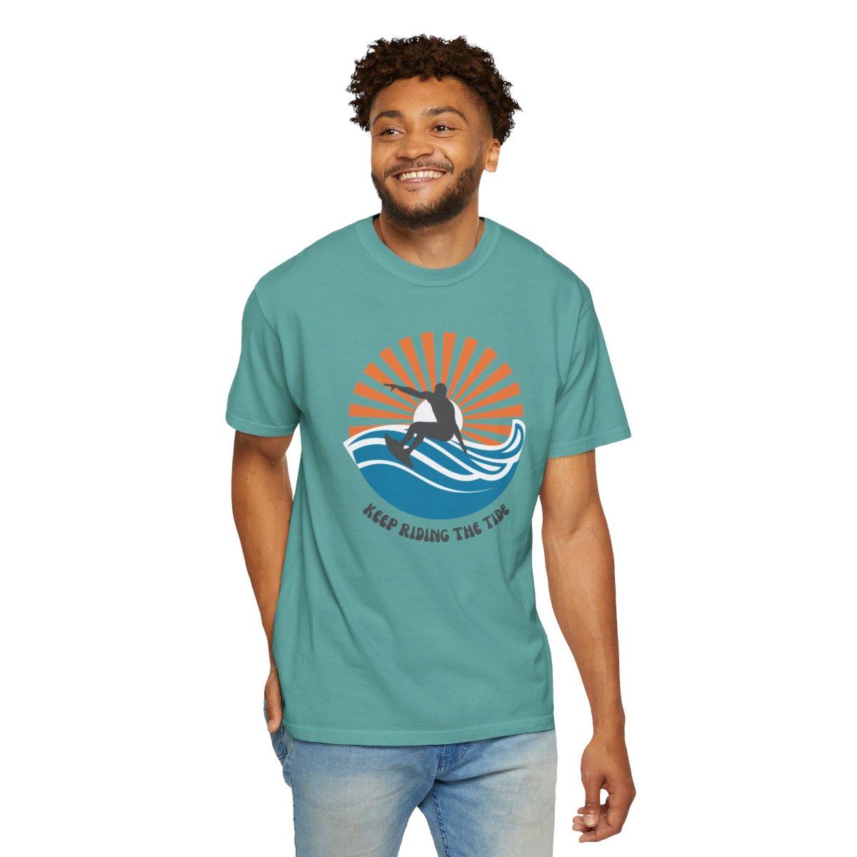Chic Surfer Themed T-shirt Featuring Riding Dude with Cool Phrase