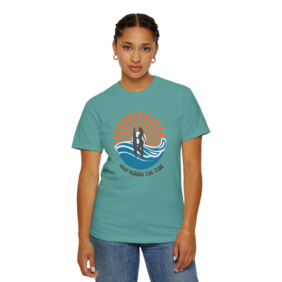 Chic Surfer Themed T-shirt Featuring Riding Girl with Cool Phrase