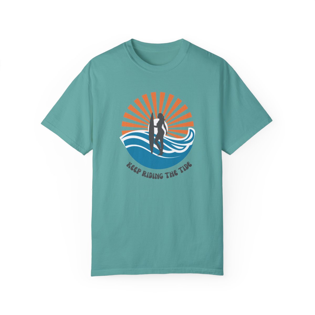 Chic Surfer Themed T-shirt Featuring Riding Girl with Cool Phrase
