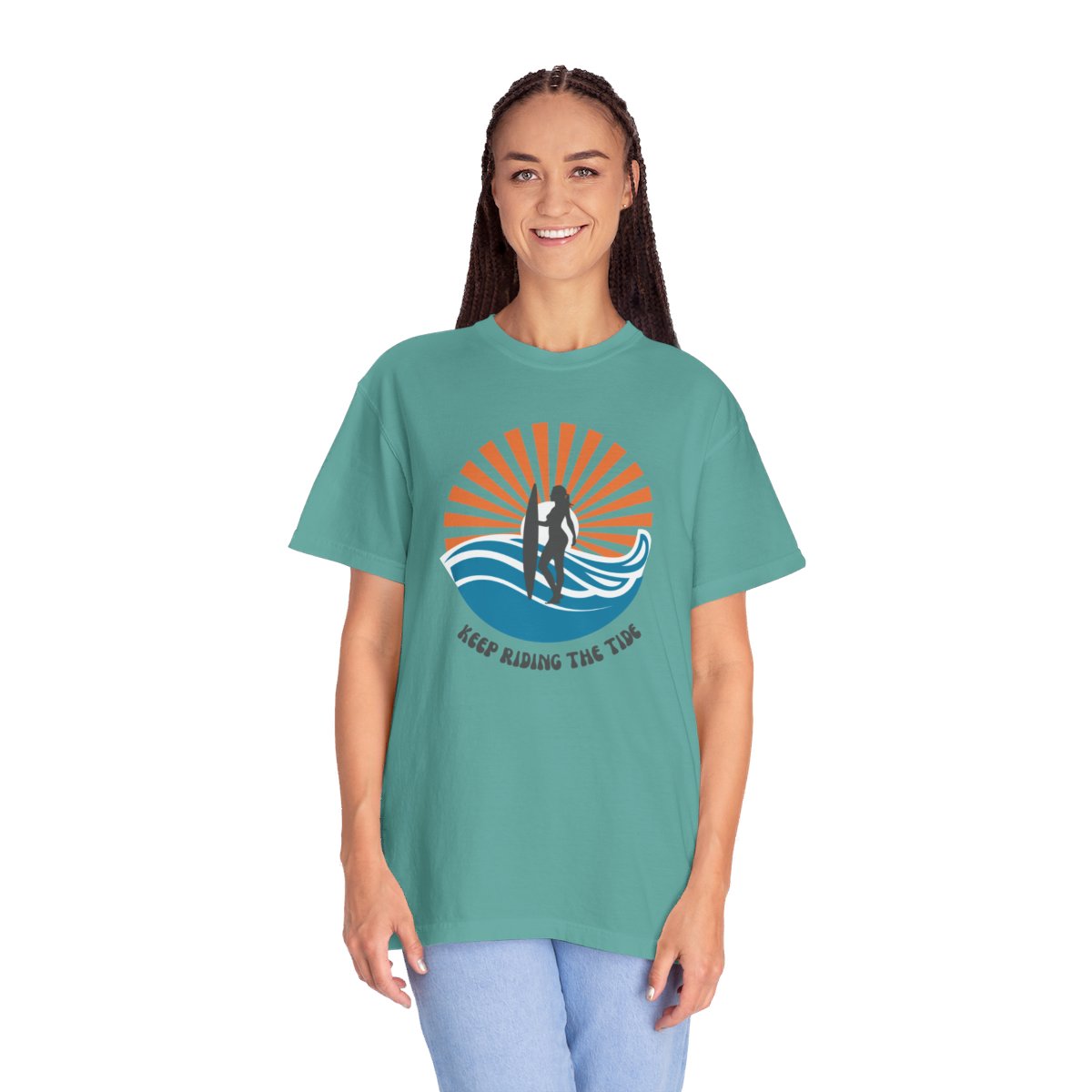 Chic Surfer Themed T-shirt Featuring Riding Girl with Cool Phrase