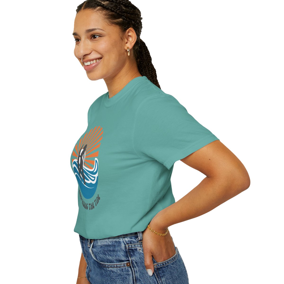 Chic Surfer Themed T-shirt Featuring Riding Girl with Cool Phrase