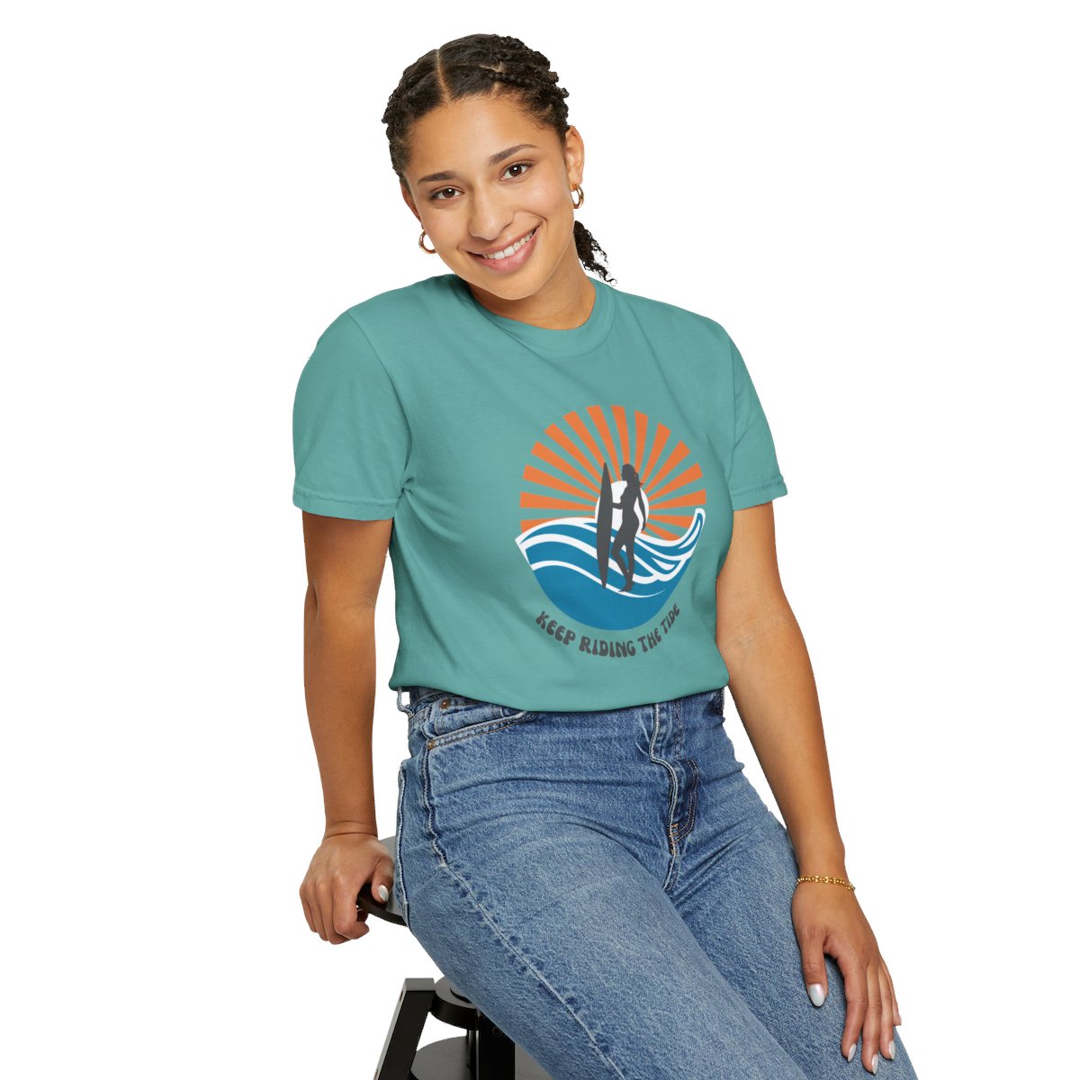Chic Surfer Themed T-shirt Featuring Riding Girl with Cool Phrase