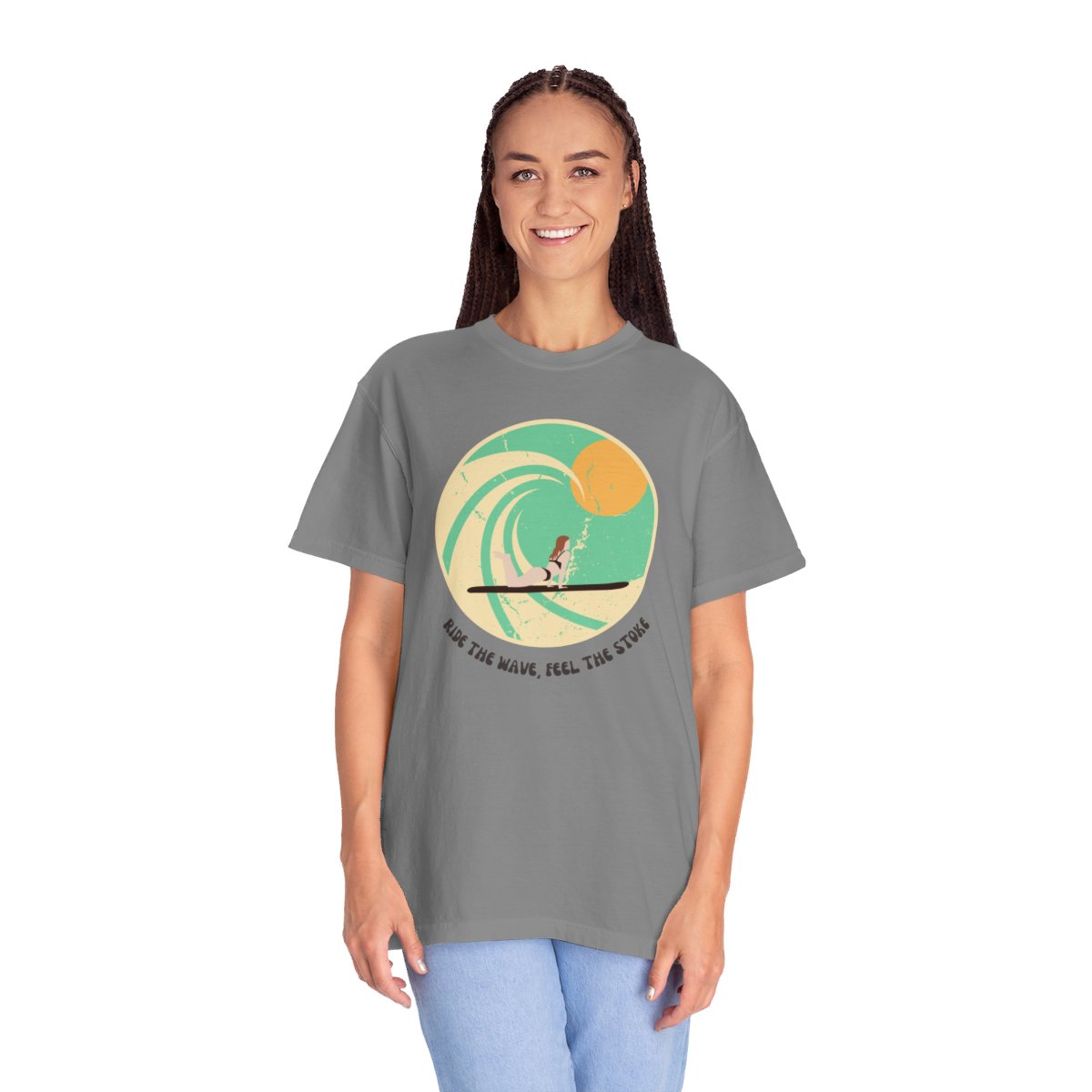 Stylish Surfer Themed T-shirt Featuring Riding Girl with Catchy Phrase