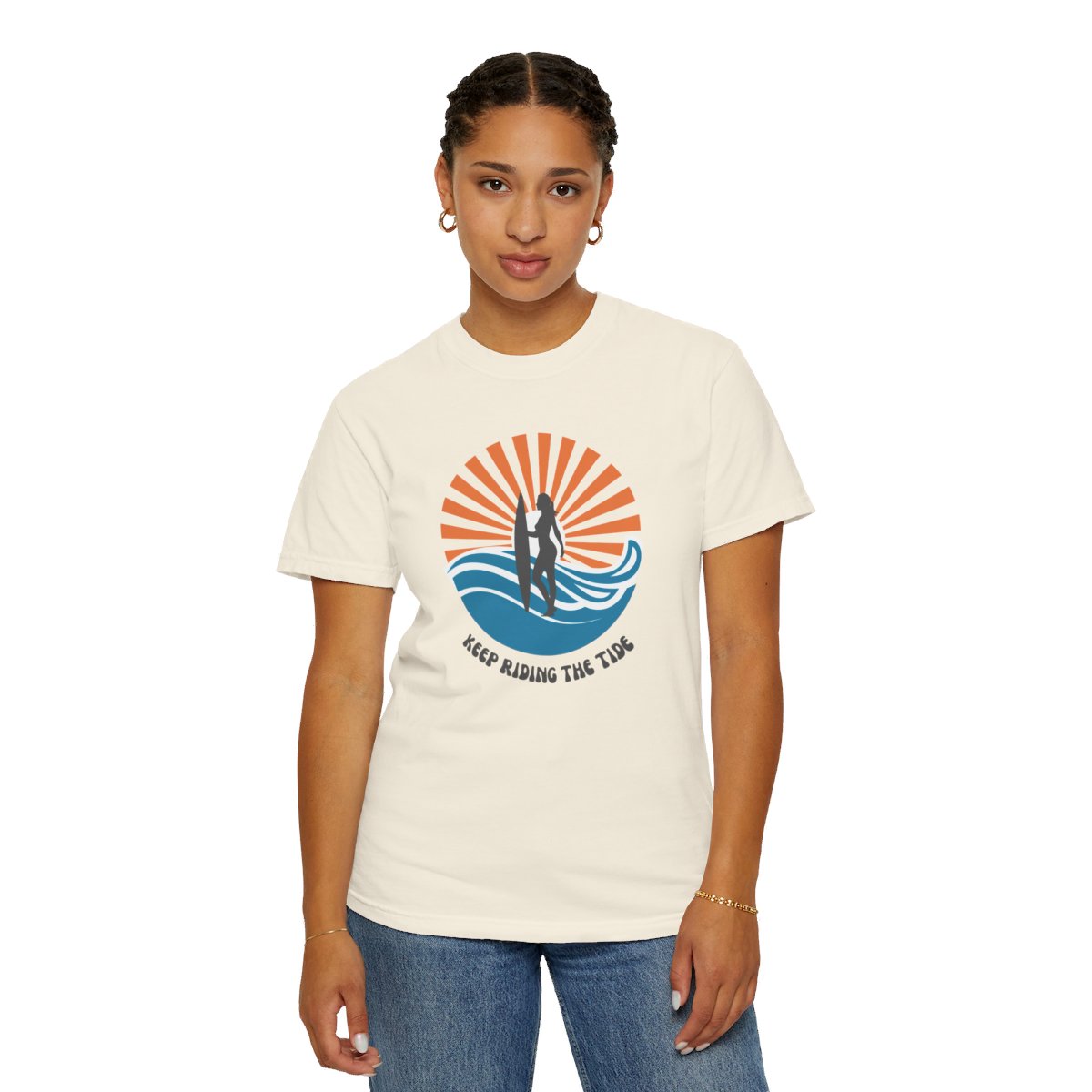 Chic Surfer Themed T-shirt Featuring Riding Girl with Cool Phrase