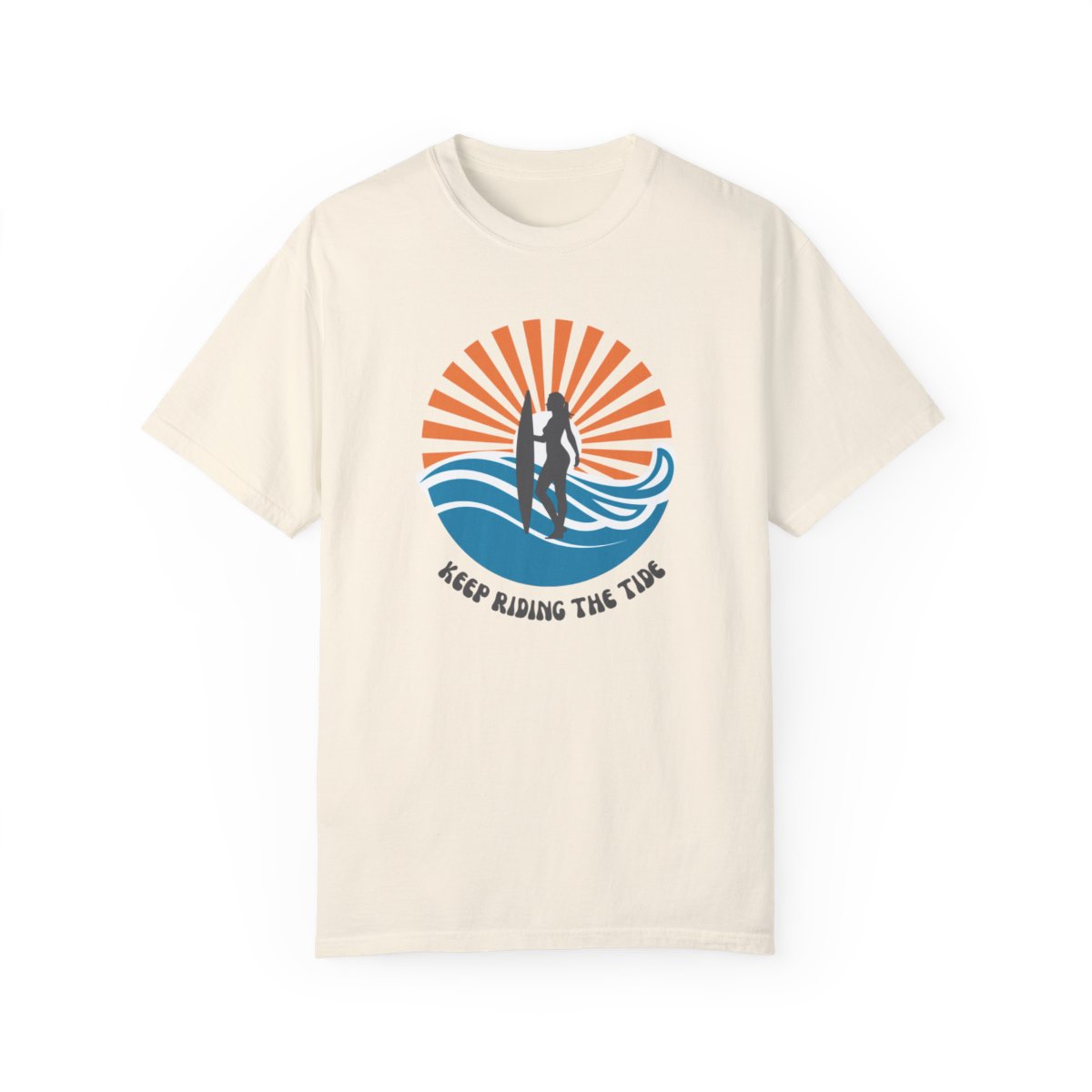 Chic Surfer Themed T-shirt Featuring Riding Girl with Cool Phrase