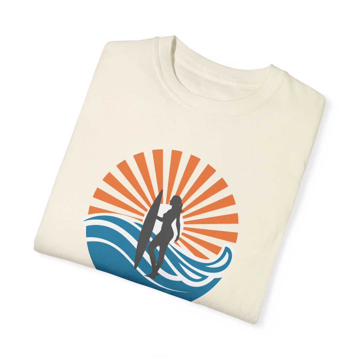 Chic Surfer Themed T-shirt Featuring Riding Girl with Cool Phrase