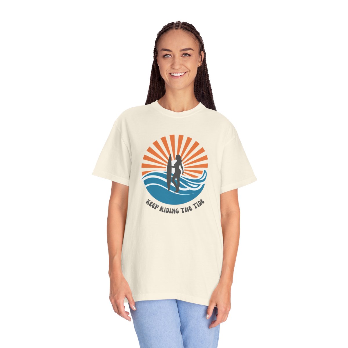 Chic Surfer Themed T-shirt Featuring Riding Girl with Cool Phrase