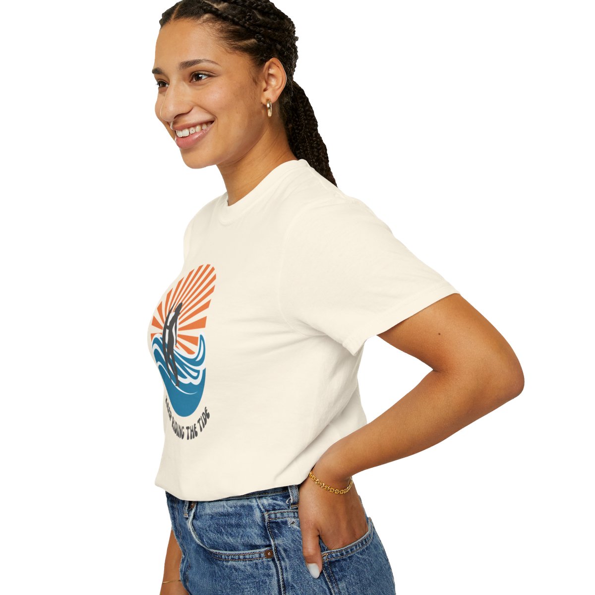 Chic Surfer Themed T-shirt Featuring Riding Girl with Cool Phrase
