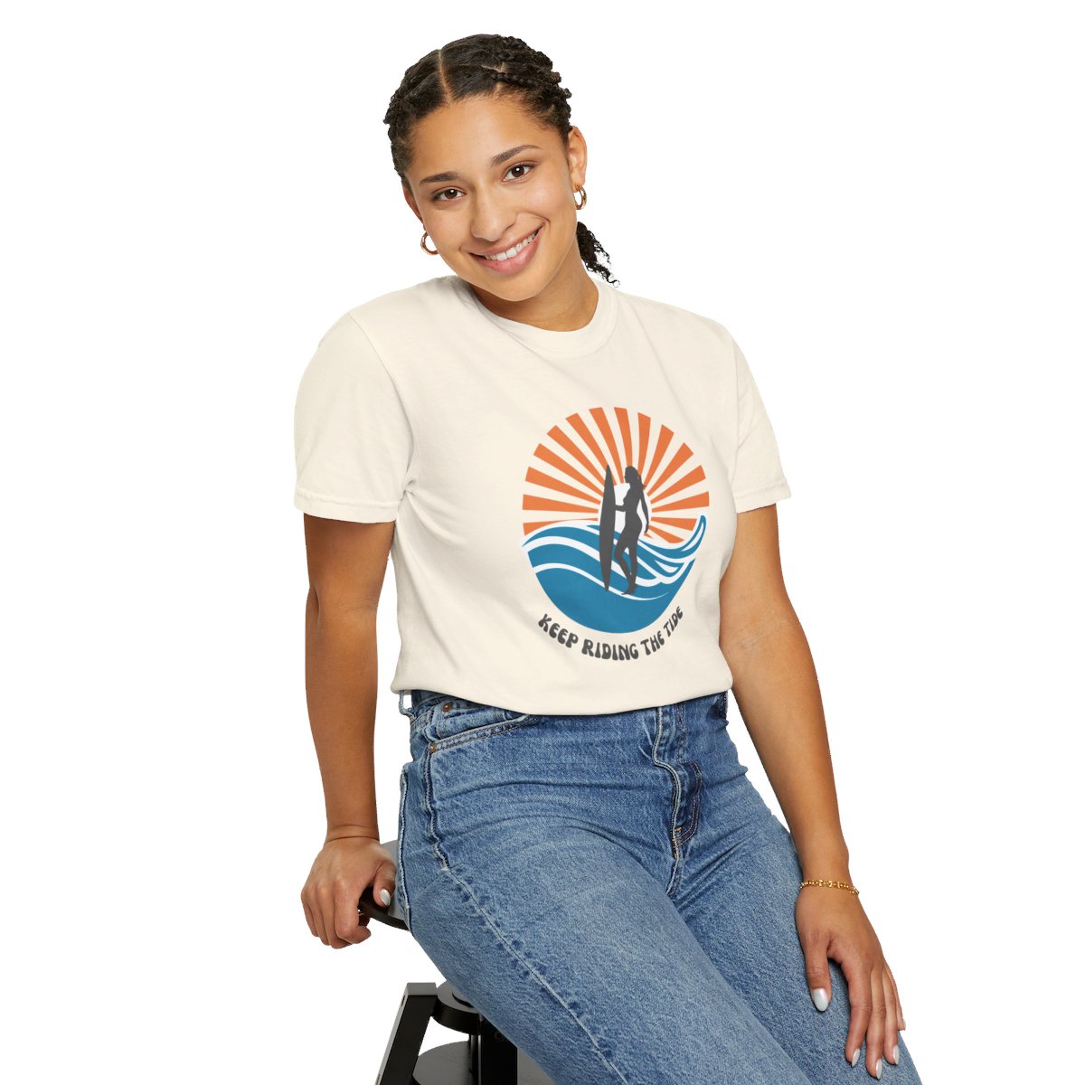 Chic Surfer Themed T-shirt Featuring Riding Girl with Cool Phrase