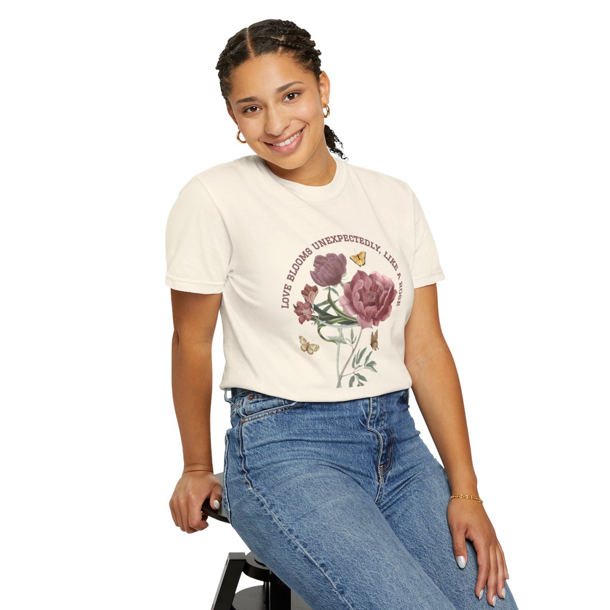 Comfy Love Blooms Unexpectedly Like A Rose T-shirt with Pink Lettering