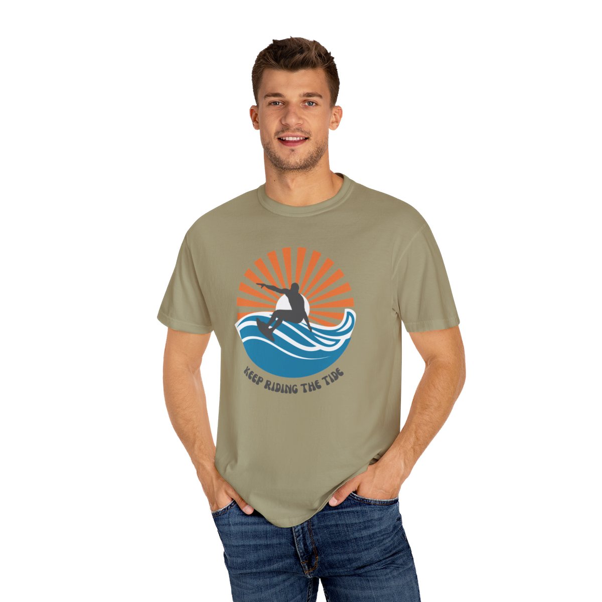Chic Surfer Themed T-shirt Featuring Riding Dude with Cool Phrase