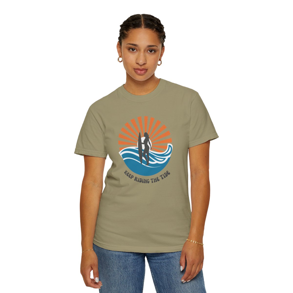 Chic Surfer Themed T-shirt Featuring Riding Girl with Cool Phrase