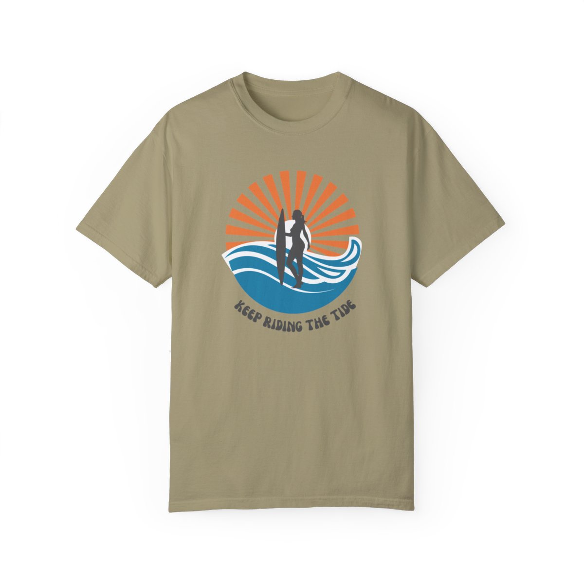 Chic Surfer Themed T-shirt Featuring Riding Girl with Cool Phrase