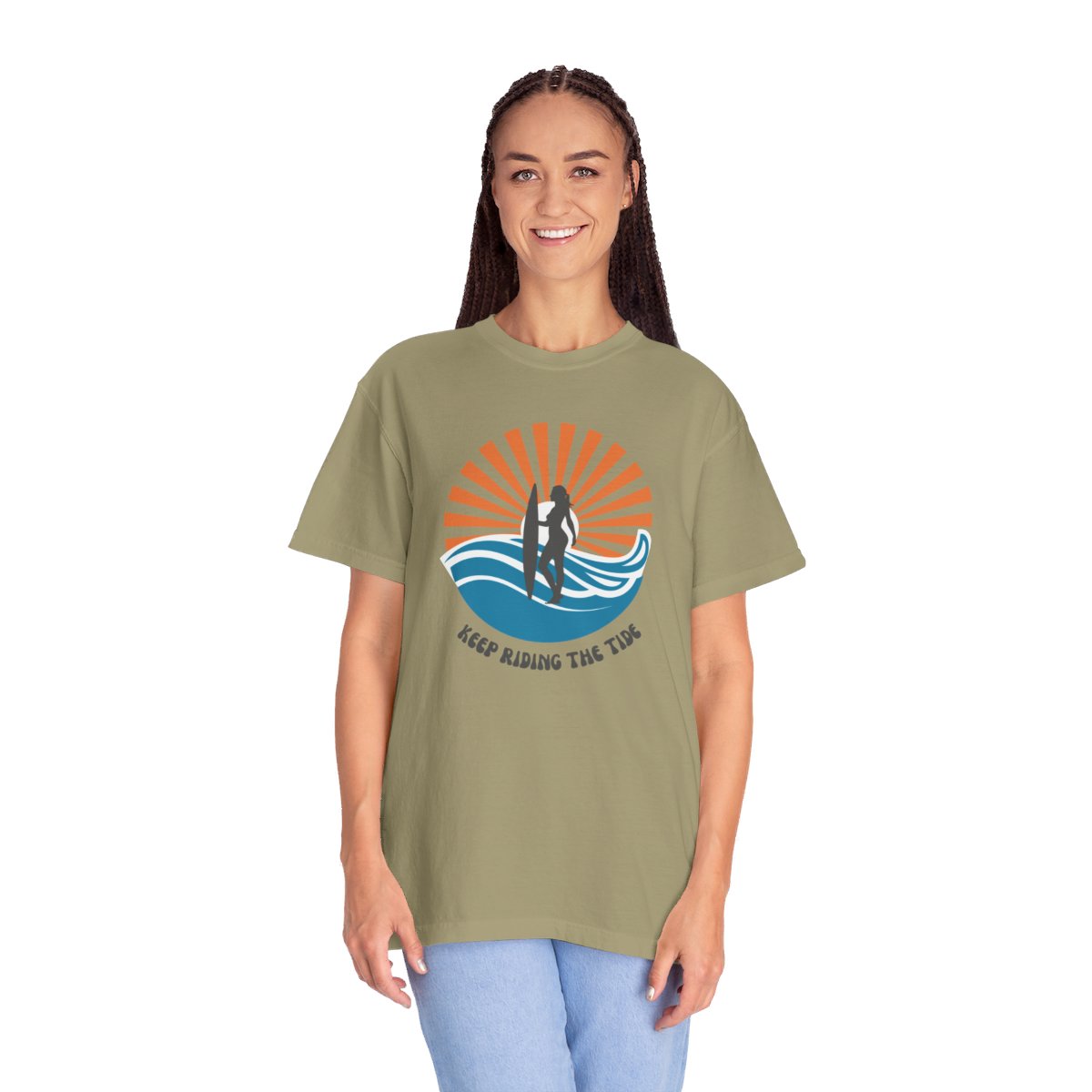 Chic Surfer Themed T-shirt Featuring Riding Girl with Cool Phrase