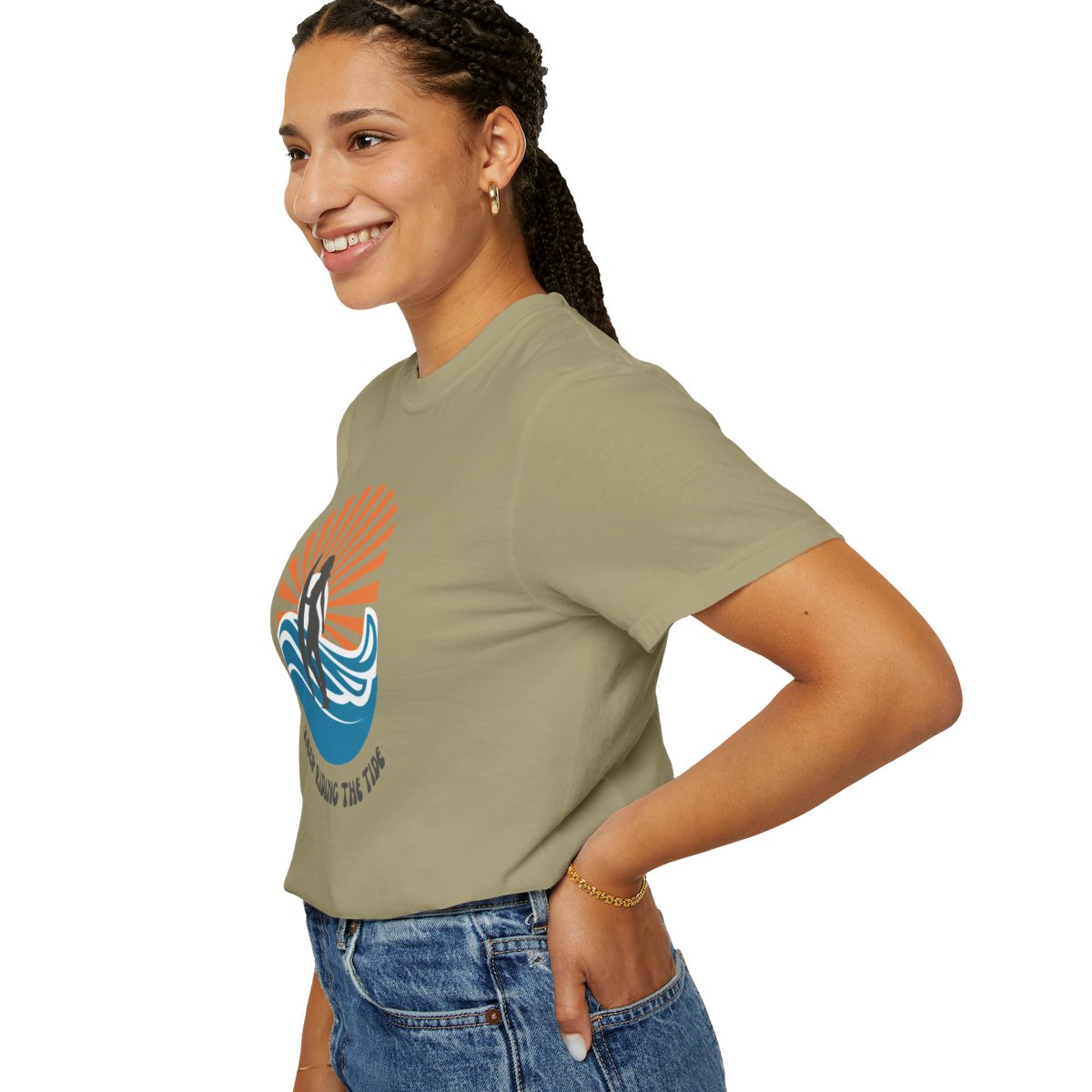 Chic Surfer Themed T-shirt Featuring Riding Girl with Cool Phrase