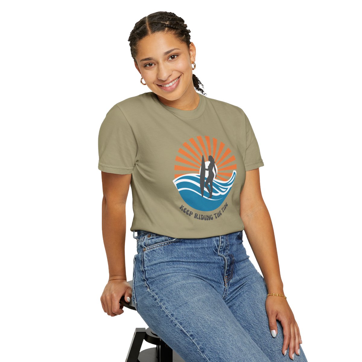 Chic Surfer Themed T-shirt Featuring Riding Girl with Cool Phrase