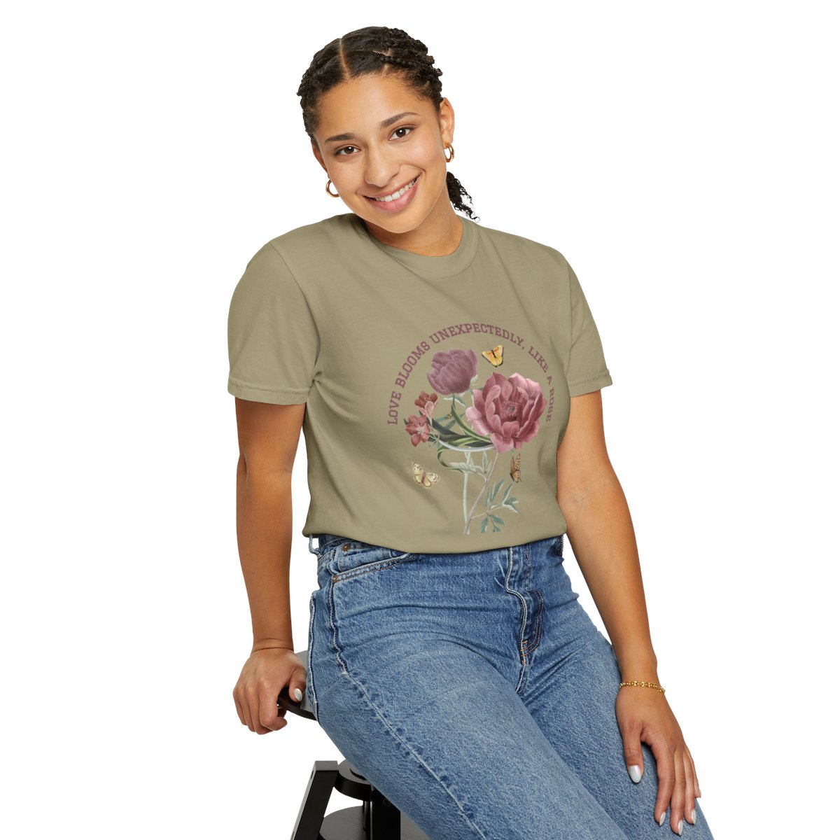 Comfy Love Blooms Unexpectedly Like A Rose T-shirt with Pink Lettering