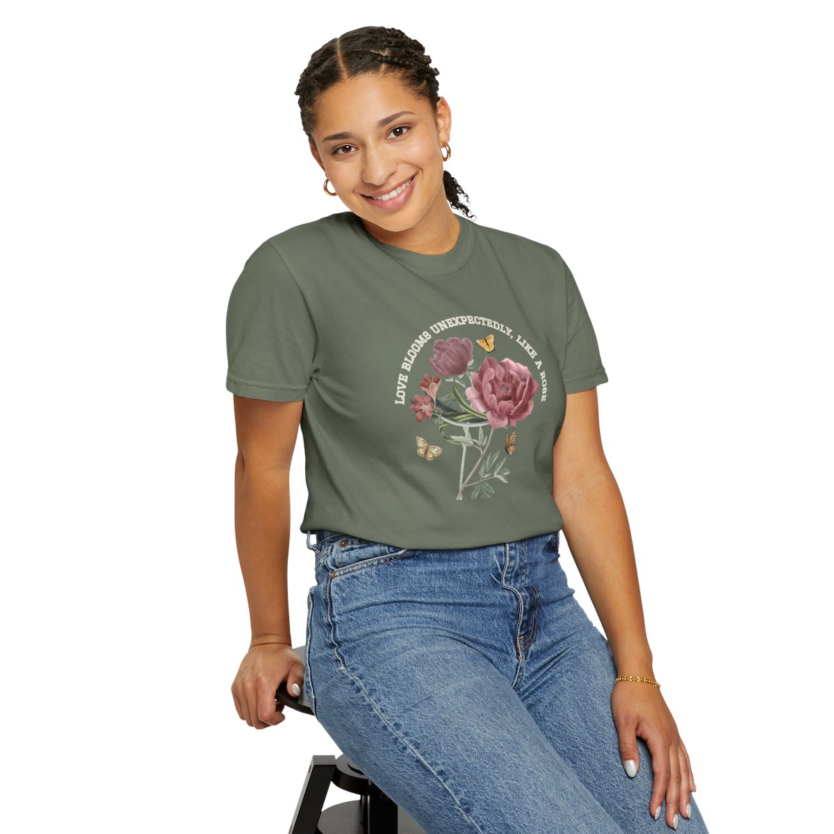 Comfy Love Blooms Unexpectedly Like A Rose T-shirt with White Lettering
