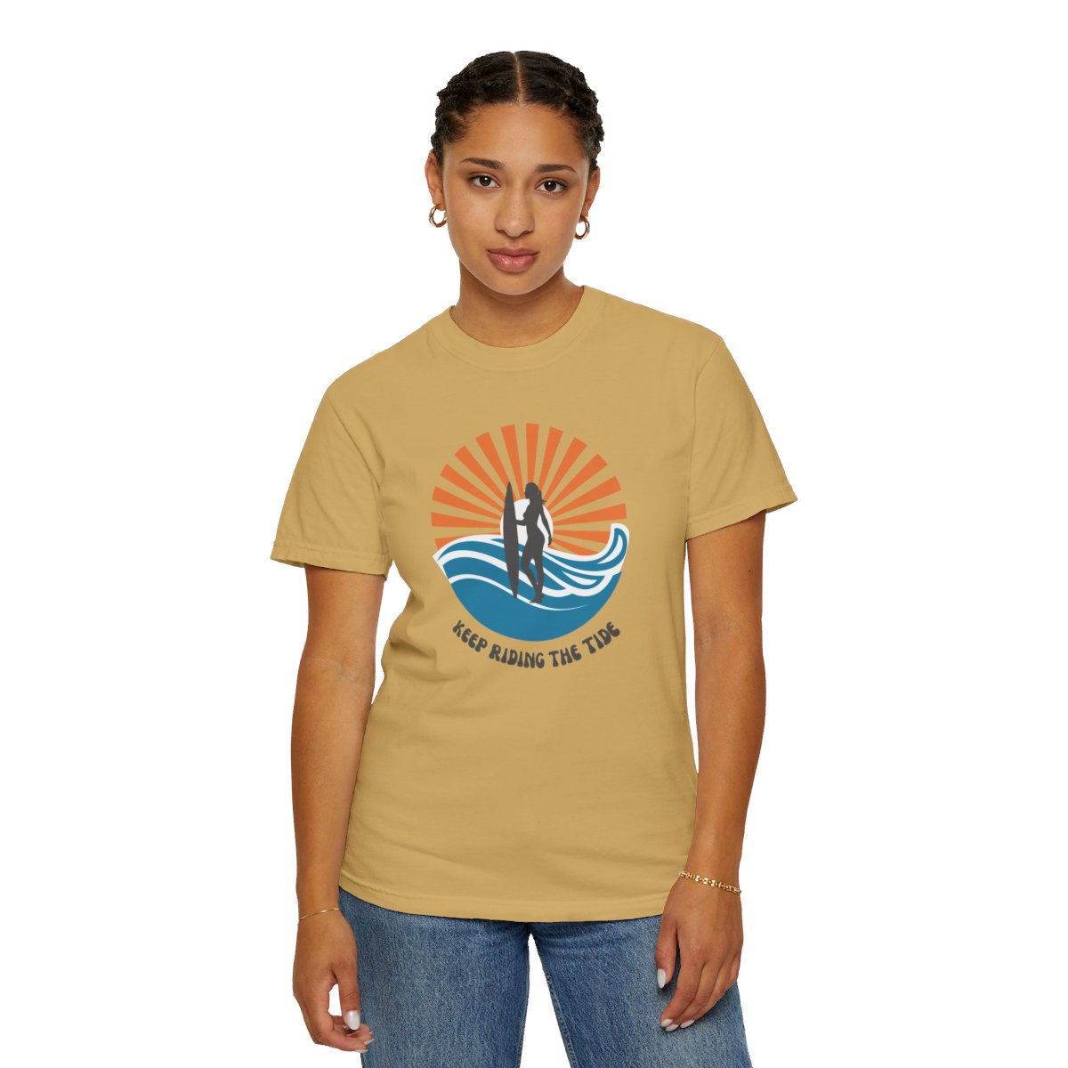 Chic Surfer Themed T-shirt Featuring Riding Girl with Cool Phrase
