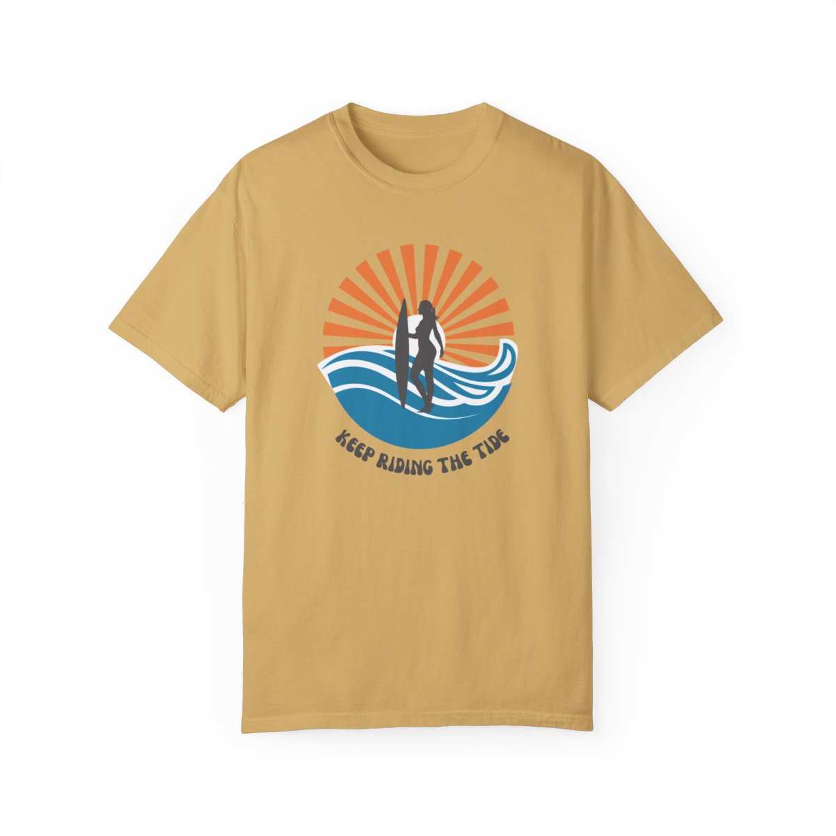 Chic Surfer Themed T-shirt Featuring Riding Girl with Cool Phrase