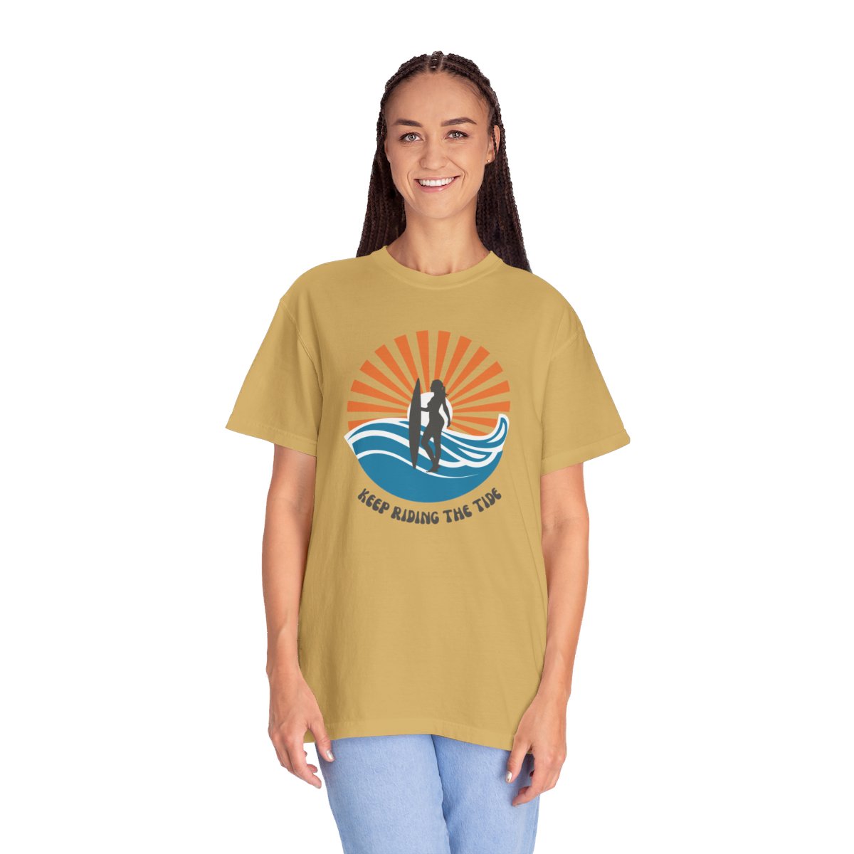 Chic Surfer Themed T-shirt Featuring Riding Girl with Cool Phrase